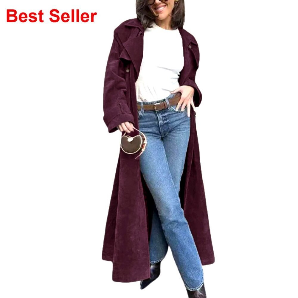 Faux Suede Long Trench Coat Double Breasted Pea Coat with Belt